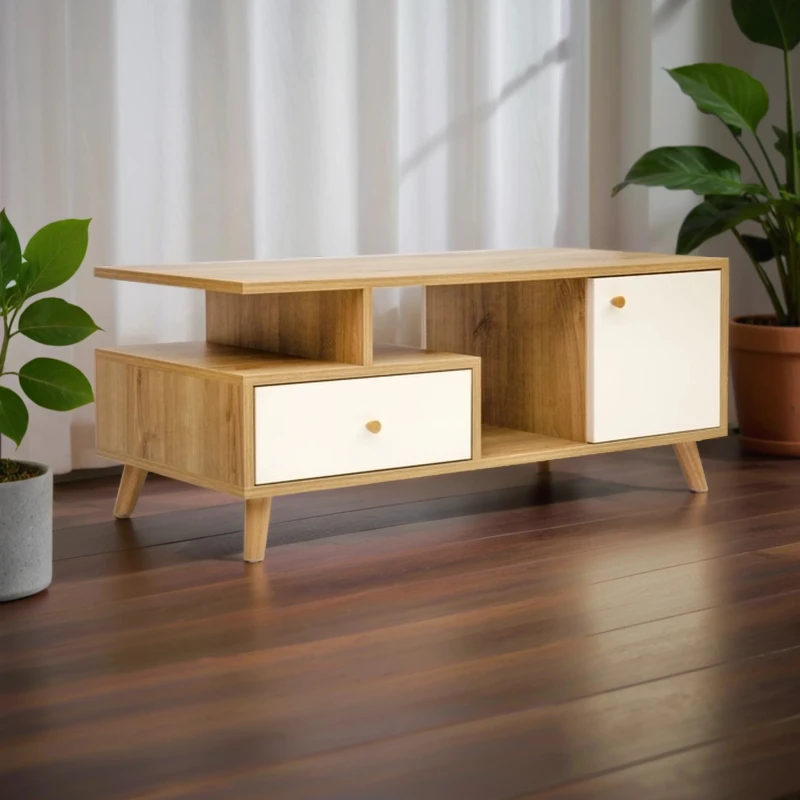 Table basse rectangulaire avec deux portes et deux tiroirs