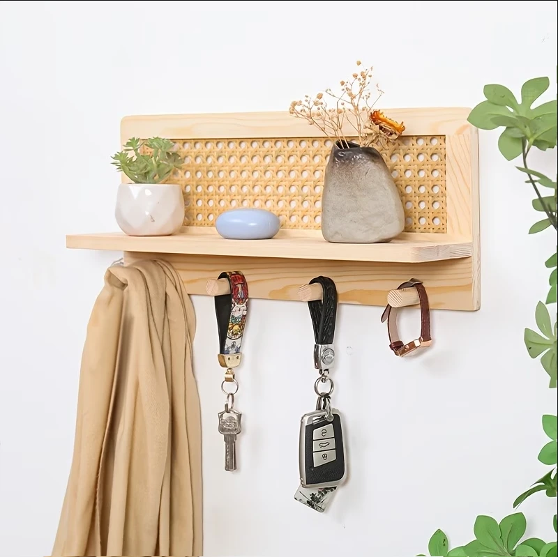 Étagère Murale Tissée en Bois Naturel, avec 4 Crochets, pour Placer des Pots de Fleurs, des Manteaux, des Clés, Étagère Flottante