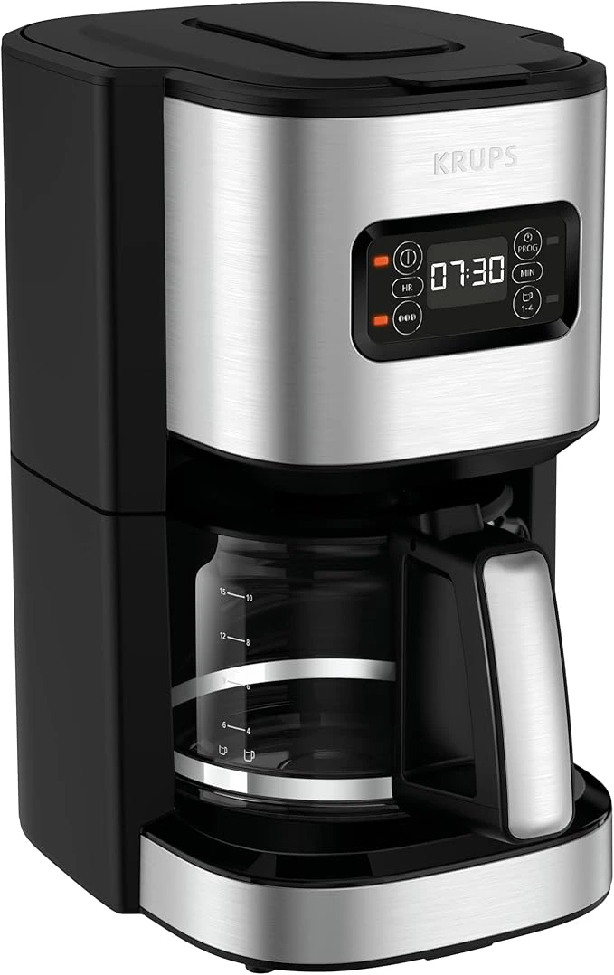 Krups Cafetière programmable 24h, Inox premium, 1,25 L jusqu'à 15 tasses, Réglage intensité, Fonction 1 à 4 tasses pratique, Arrêt auto après 30 min, Anti-goutte, Excellence KM480D10